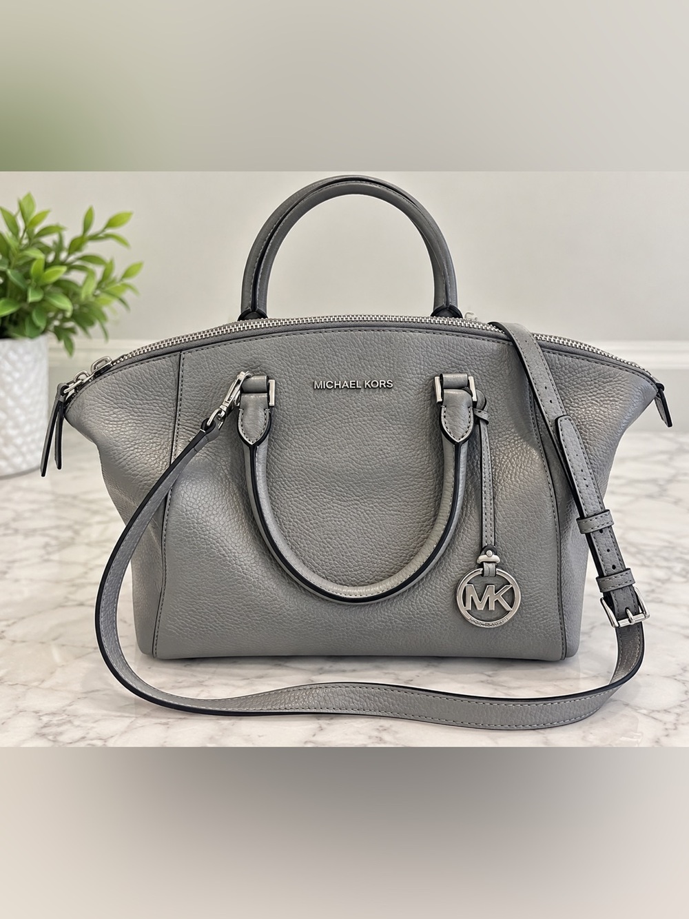 Michael Kors Light Grey Pebbled Leather Satchel with MK Charm